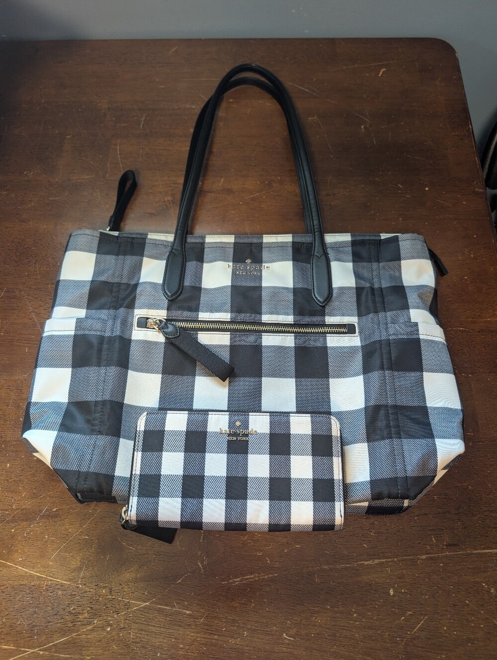 kate spade Black and White Gingham Tote with Matching Wallet